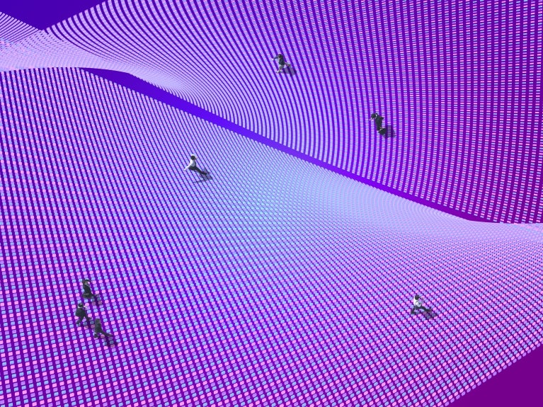 People walking on purple art installation