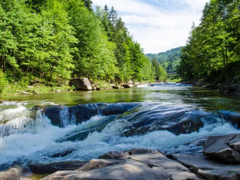 mountain river with a rapid current of rocks with a waterfall in summer