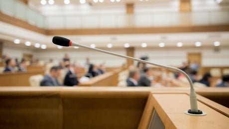 judicial hearing empty stand with a microphone